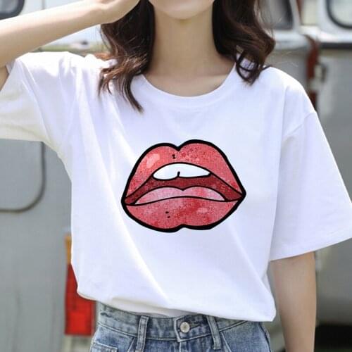 Big red Lips women t-shirt summer short sleeve Tshirt Women Kawaii Red lips Tumblr Harajuku Aesthetic white Top Tees tshirt