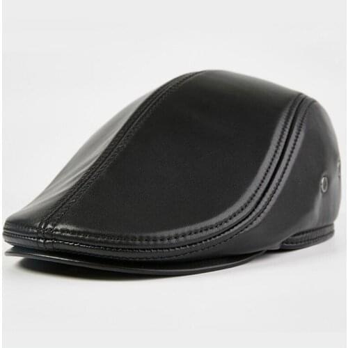 H7632 Genuine Leather Beret Cap Male Sheepskin Forward Berets Hat Middle-aged Men Warm Autumn Winter Fashion Solid Color Caps