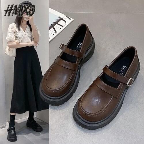 HMXO British Style Jk Leather Shoes Womens Retro Casual Shoes Thick-soled Mary Jane Loafers Retro Wild Word Buckle Shoes
