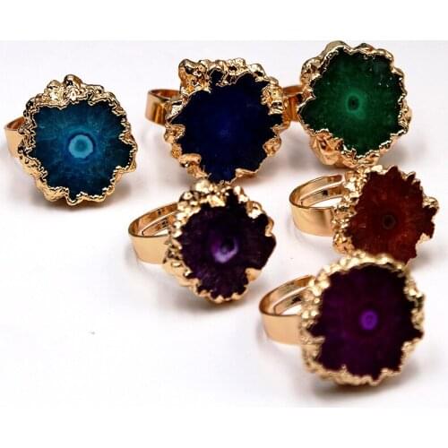 New Natural Stone Ring Crystal Ice Flower Plating Golden Opening Hand Jewelry Accessories