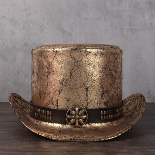 Retro Women Men Leather Top Hat Flat Fedora Hat Magic Steampunk Cosplay Pork Pie Party Caps Dropshiping 13CM