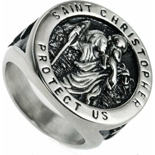Mens Stainless Steel Catholic Signet St Saint Christopher Ring Size 7-13