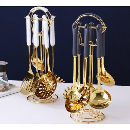 Nordic 7Pcs Kitchen Utensil Set Stainless Steel Cooking Spoon Spatula Shovel with Ceramic Handle Carousel Holder Tools