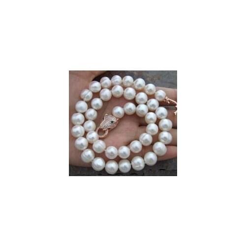 Beautiful Beads Women Gift word 7-8mm white Freshwater Pearl Necklace Natural breeding LEOPARD HEAD CLASP jewelry 18