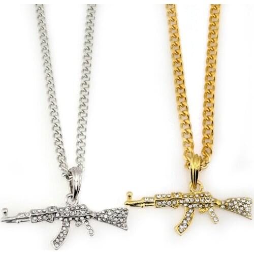 Fake Rifle Necklace Men Women Unisex boys 2021 Fashion Gold Silver Crystal Trend kpop Punk rock hip hop goth necklace Jewelry