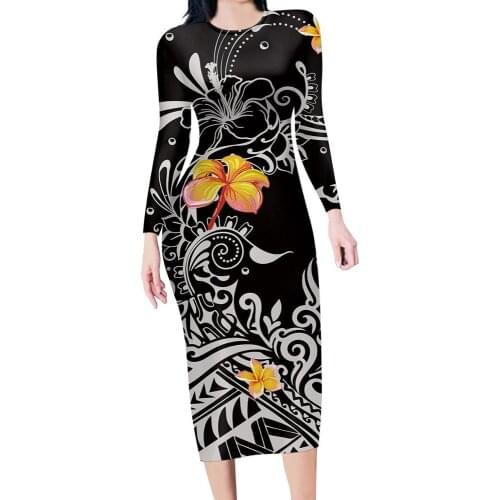 HYCOOL Elegant Dress Women For Wedding Party Night Polynesian Tribal Yellow Flower Printing Ladies Fashion Clothes Designer
