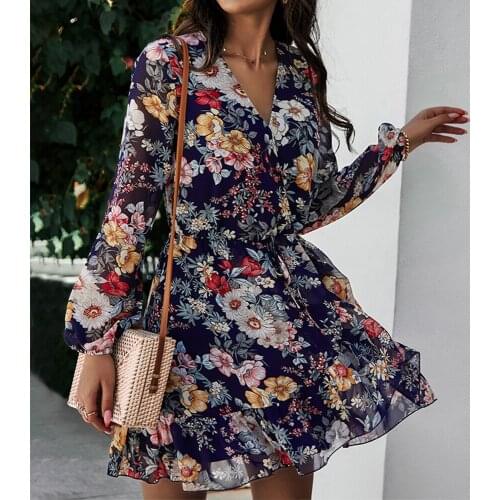 Woman Dress 2021 Spring Summer Vintage Sexy V Neck Floral Print A-Line Dress Casual Full Sleeve Lace Up High Waist Chiffon Dress