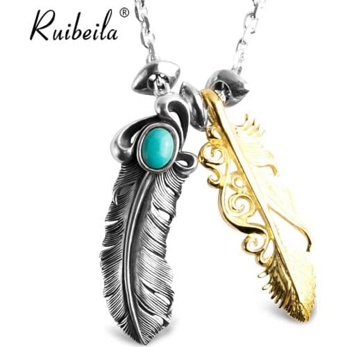 Ruibeila 925 sterling silver Indian Style Turquoise pendant Takahashi Goro hand carved necklace sweater feather