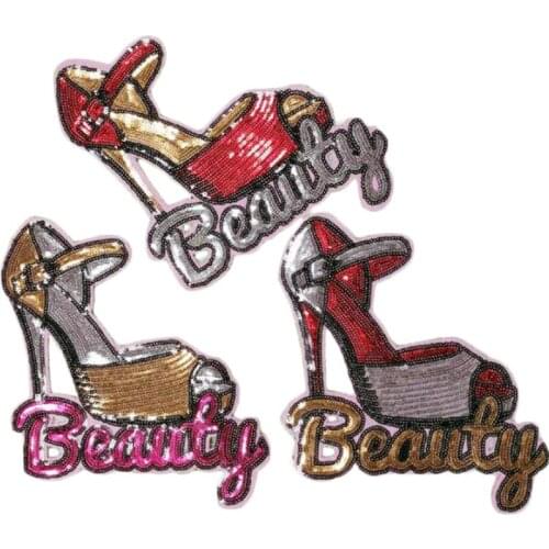 Iron on patches for clothing 210mm High-heeled shoes Sequined Fabric Sequins Strange things T shirt Women Patch Clothes Stickers