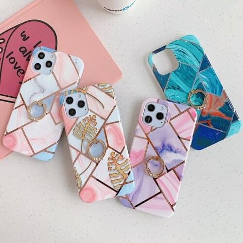 Plating Splice Geometric Marble Gold Leaves Soft TPU Phone Case for iPhone 12 Mini 11 Pro XS Max Finger Ring Holder Stand Cover