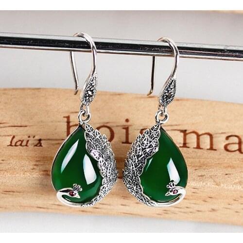 VINTAGE PEACOCK CARVING GREEN JADE EMERALD GEMSTONES DROP EARRINGS FOR WOMEN WHITE GOLD THAI SILVER COLOR JEWELRY BRINCOS BIJOUX