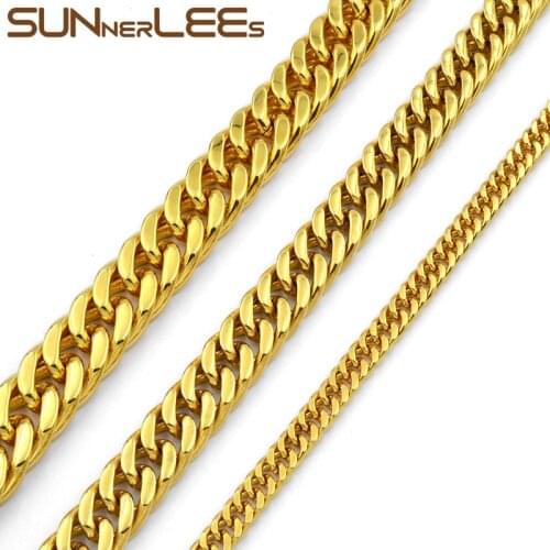 SUNNERLEES Jewelry Stainless Steel Necklace 5mm~11mm Double Curb Cuban Link Chain Silver Color Gold Plated Mens Womens SC19 N