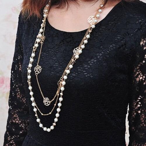 Women Fashion Clothing Accessories Elegant Multilayer Beaded Rose Necklace Imitation Pearl Alloy Long Sweater Chain Accessories