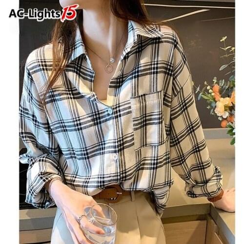 Womens Plaid Shirt Vintage Long Sleeve Oversized Cotton Shirts with Pocket Ladies Tops Plus Size Spring 2021 Womens Clothing