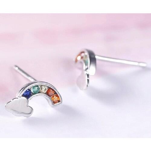 Romantic Cute Rainbow Zircon 925 Silver Stud Earrings for Women Jewelry Wedding Engagement Valentines Day Statement Earings