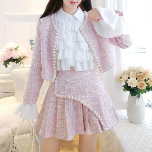 New Arrival Winter Sweet Tweed 3pcs Set Womens Pearls Beading Short Jacket Coat + Ruffles Chiffon Shirts + Mini Pleated Skirt