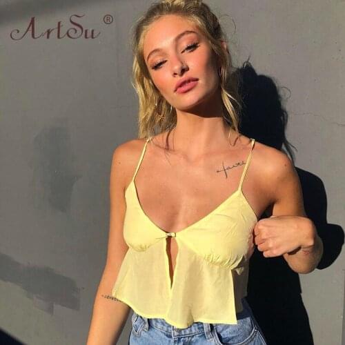 ArtSu Black Yellow White Sexy Slim Solid Split Deep V Neck Camisole Tops Low Cut Backless Streetwear Camis Draped Women Crop Top