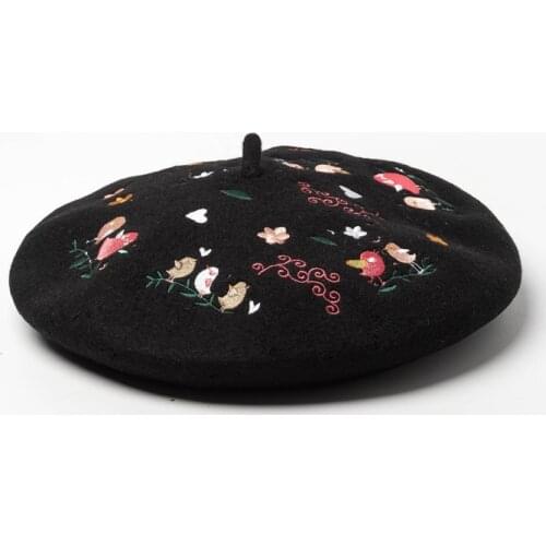 Bonnets Beret hat women wool solid color beret embroidery retro hat retro plain beret hat warm hat elegant ladies winter hat