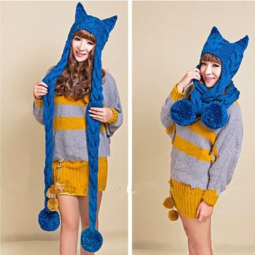 BomHCS Womens Thick Cable Handmade Knitted Beanie Cat Ears Warm Hat Scarf