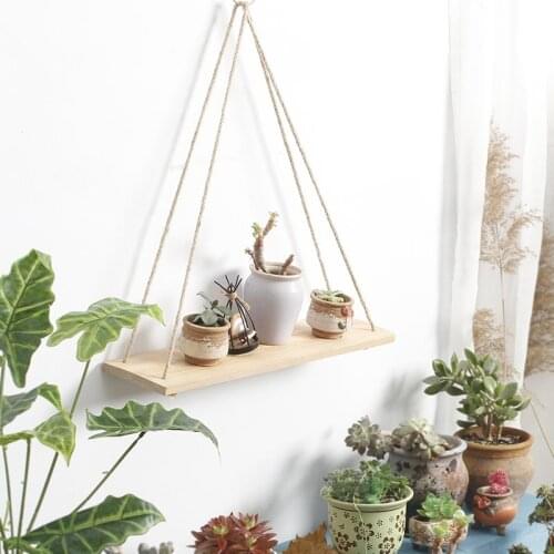 Wood Swing Hanging Rope Wall Mounted Shelves Succulent Plant Photo Frame Rack Creative Home Livingroom Bedroom Wall Decor