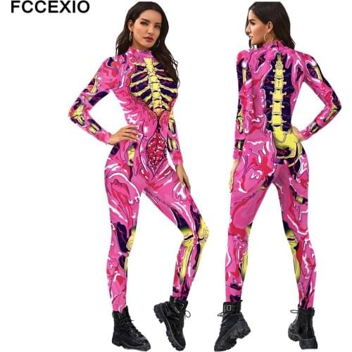 FCCEXIO Adult Cosplay Costumes Halloween Painted Skeleton Print Bodysuits Women Sexy Slim Elastic Jumpsuit Long Sleeve Catsuit