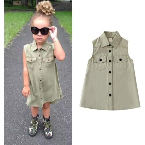 FOCUSNORM 0-4Y Summer Fashion Baby Girls Dress Solid Sleeveless Single Breasted Turn Down Collar Shirts Sundress