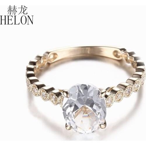 HELON Solid 14K Yellow Gold Flawless Oval 9x7mm Natural White Topaz Diamonds Engagement Wedding Ring Women Vintage Fine Jewelry