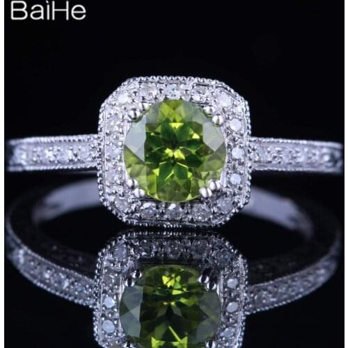 BAIHE Solid 14K White Gold 0.84CT Green Round Genuine Peridot Engagement Ring Wedding Gift Women Ring Trendy Peridot Ring