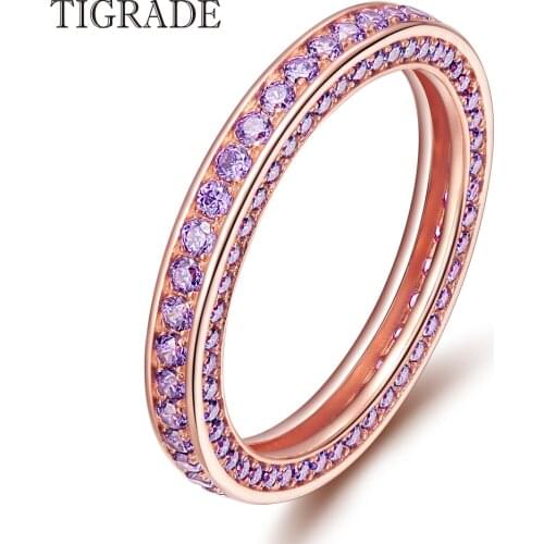 Tigrade Purple Crystal Ring Trendy Bague Femme Rose Gold Rings 925 Sterling Silver Jewelry Engagement Wedding Rings For Women