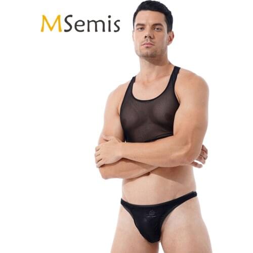 Lingerie Set Sexy Exotic for MenSee-through Mesh Two-piece Nightwear Sleeveless Cropped Tank Top with Low Waist Thongs Briefs