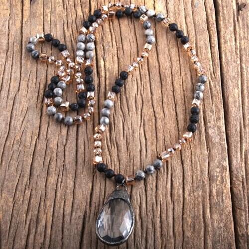 RH Fashion Bohemian Jewelry Natural Stones & Crystal With Gun Plated Glass Pendant Boho Necklaces For Women Dropship