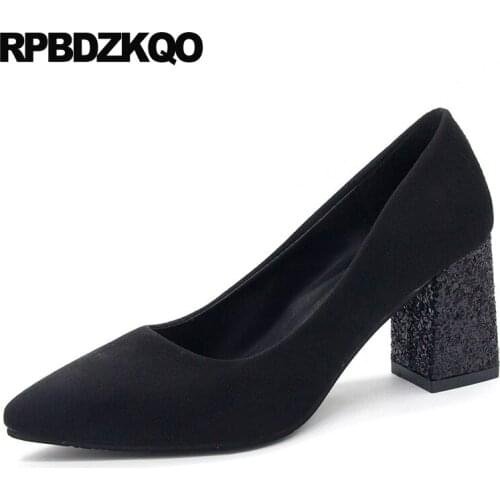 High heels glitter medium block shoes for women pointed toe suede pumps chunky female 2019 cheap 3 inch thick size 4 34 black