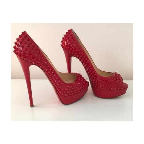 Moraima Snc Red Rivets Studded High Heel Shoes Sexy Peep Toe Patent leather Woman Pumps Ladies Party Dress Heels