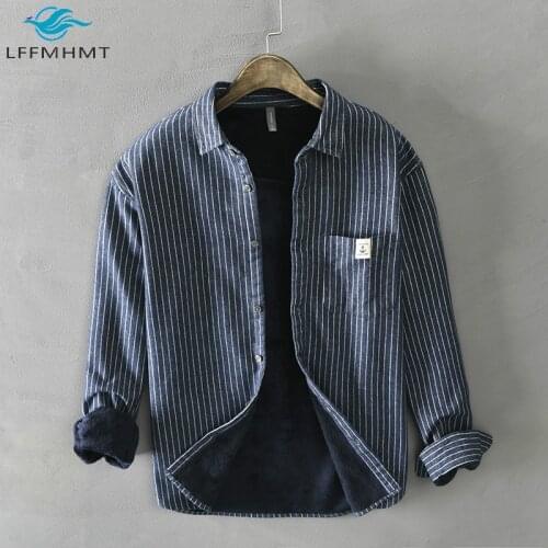 Men Winter Sanding Fleece Thicken Warm Long Sleeve Striped Fashion Shirt Male Japan High Quality Casual Pocket Cotton Tops TZ513