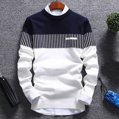 Men Autumn Winter Pullovers Fashion Color Block Patchwork O Neck Long Sleeve Knitted Sweater Top Blouse 2021