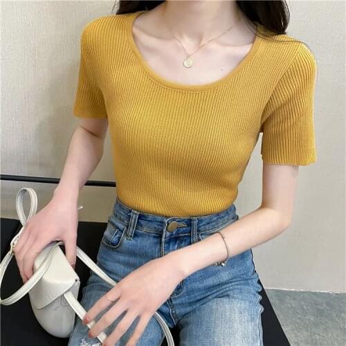 The New Spring and Summer New O Neck Ice Silk Knit Short-sleeved T-shirt French Big Neckline Slim Stretch Top Women