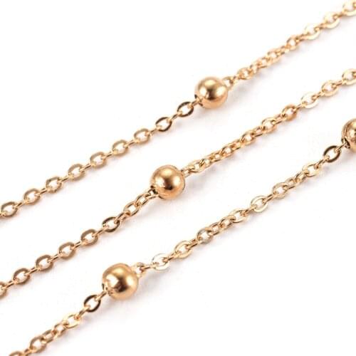 About 5m/roll 304 Stainless Steel Soldered Flat Oval Cable Chains Satellite Chains 2.5mm wide, with Round Beads and Spool