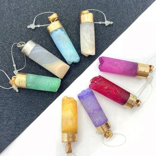 Natural Stone Crystal Pendant Cylindrical Charm Frosted Gemstone DIY Handmade Jewelry Making Necklace Accessories Gifts