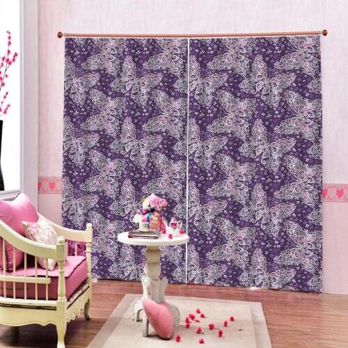 Custom Purple Butterfly Flowers Polyester Fabric Curtain Digital Print For Living room bedroom Blackout Drapes Indoor Sets