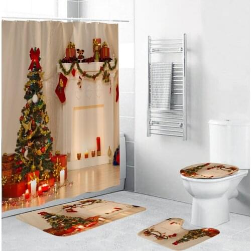 Christmas Fireplace Shower Curtain Bathroom Curtains Xmas Anti-slip Bath Mat Toilet Lid Cover Rug Home Decoration Happy New Year