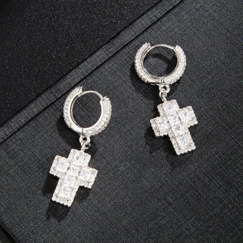Hip Hop 1Pair Iced Out Baguette Zircon Cross Drop Dangle Hinged Stud Earring Hip Hop Rock For Men Jewelry