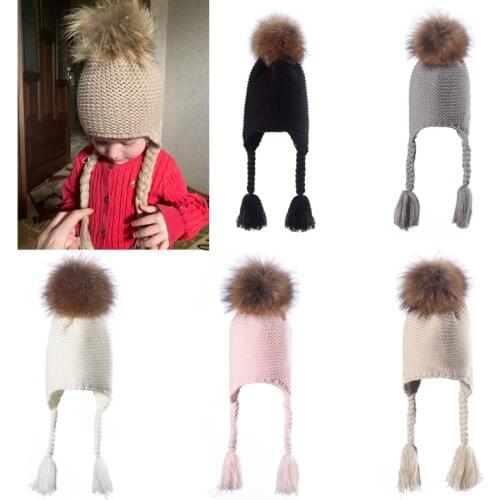 Winter Baby Beanie Hat Children Earflap Cap Kids Big Pompom Fur Wool Hat Natural Real Fur Pom Pom Hat For Girls Boys