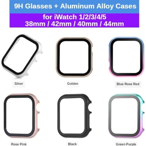9H Glass + Aluminium Alloy Cases for Apple Watch 6 SE 5 4 40 44mm Screen Protector Full Cover Metal Case for iWatch3 2 1 38 42mm