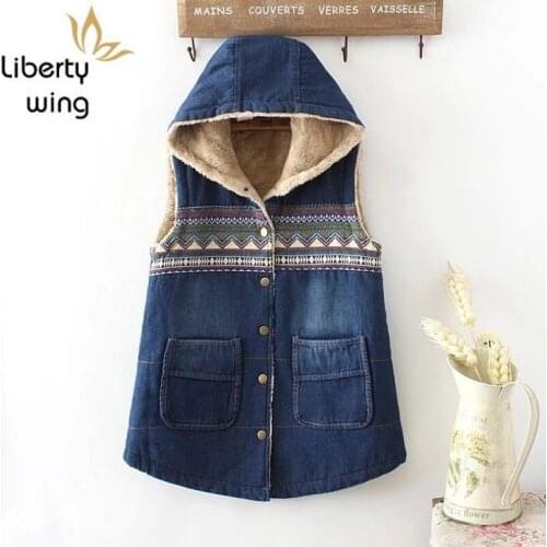 Loose Hooded Jeans Vest Women Autumn Winter Printed Thick Warm Velvet Denim Sleeveless Jacket Casual Single Breasted Waistcoat