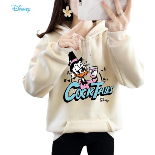 Disney Cartoon Donald Duck Drinking Cocktails Essentials Hoodie for Woman Winter and Autumn 2021 New Fleece Thick Poleron Mujer