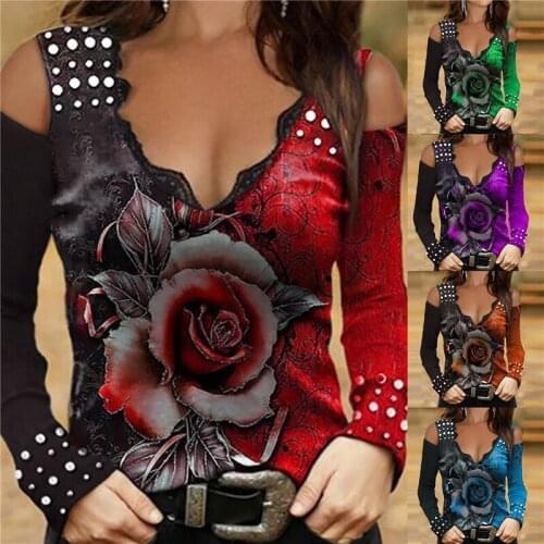 2021 Women Sexy V Neck Cold Shoulder Shirts Tops Rose Print Y2K Womens Long-Sleeved T-Shirt Fashion Casual Loose Clothing