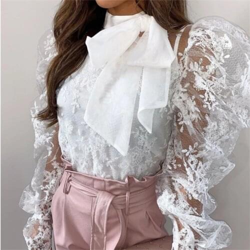 Womens Lace Crochet See Through Blouse Fashion Summer Sheer Mesh Long Puff Sleeve Shirt Tops Loose Casual Blouse Female Blusas