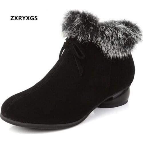 2021 New Winter Rabbit Fur Top Cowhide Leather Boots Warm Snow Boots Wedges Thick-soled Increase Shoes Woman Boots Fashion Boots