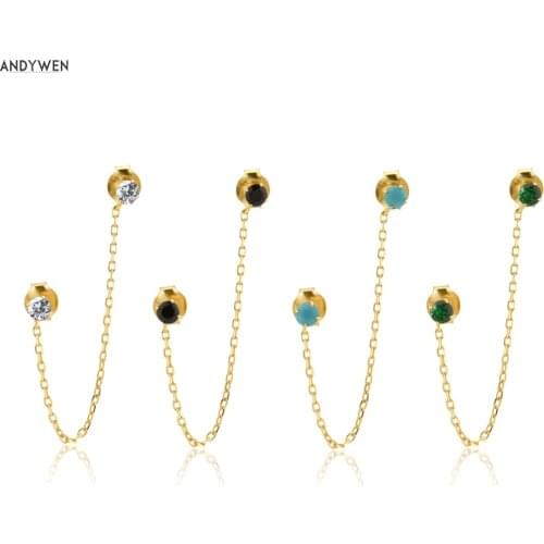 ANDYWEN 925 Sterling Silver Two Zircon Chain Stud Earring 2020 Rock Puck Luxury CZ Zircon Fashion Fine Jewelry For Women Party