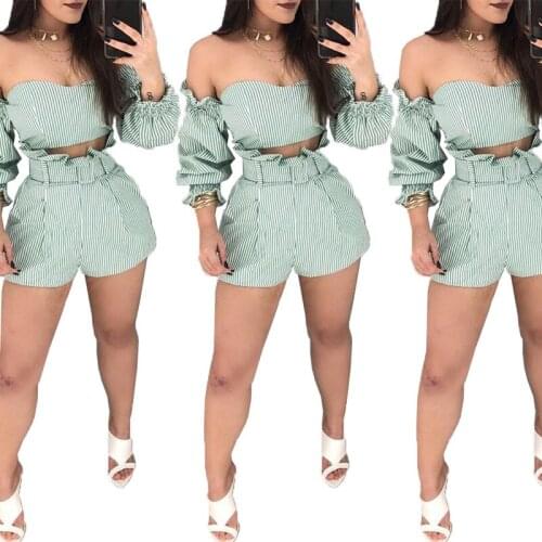 2021 Summer Women Sexy Club Two Piece Set Off Shoulder Long Sleeve Crop Top and Shorts Set Ruffle Stripe Set 2 Piece Outfit Sets